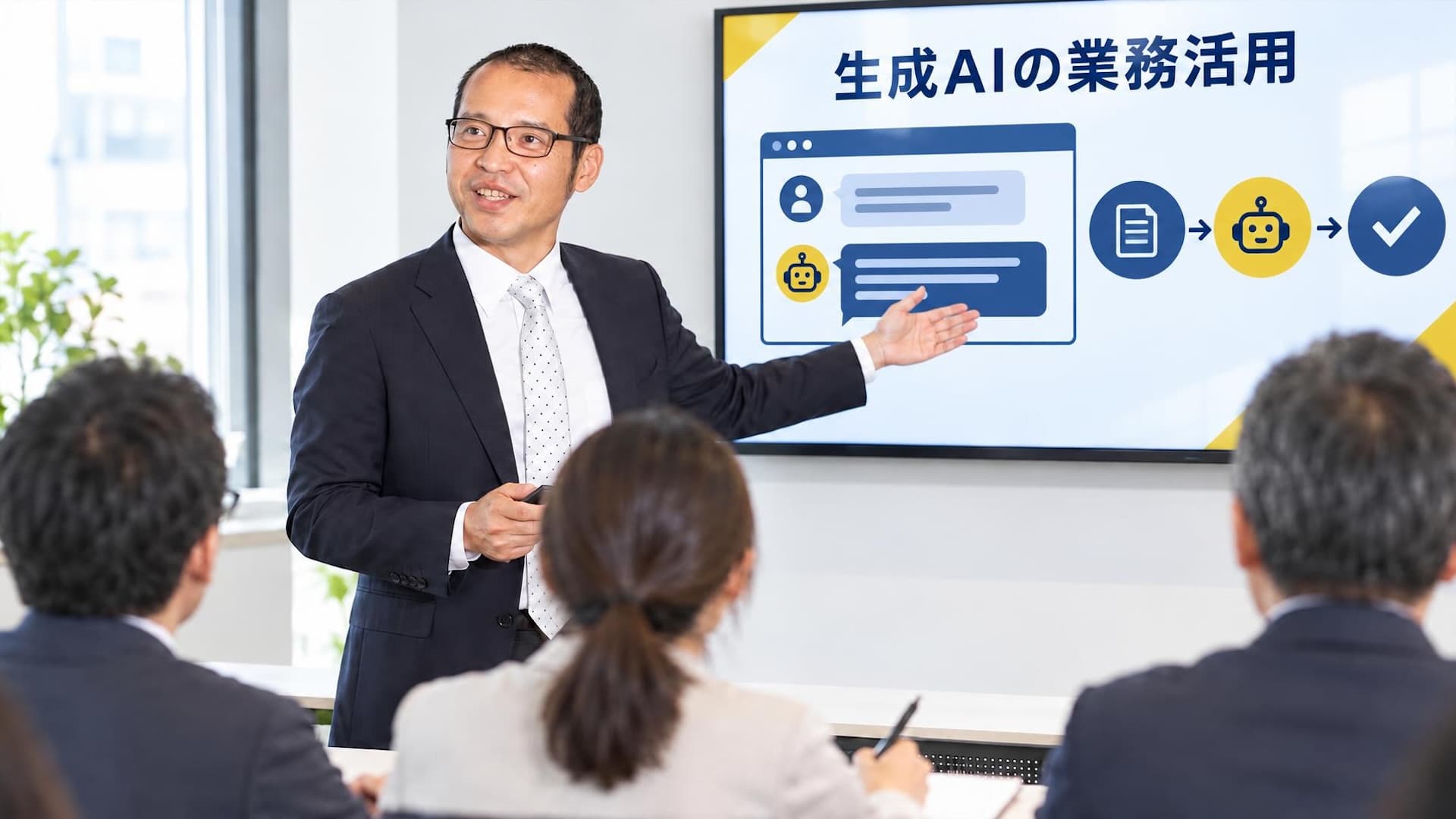 研修で画面の図を指して説明する嶺本高志