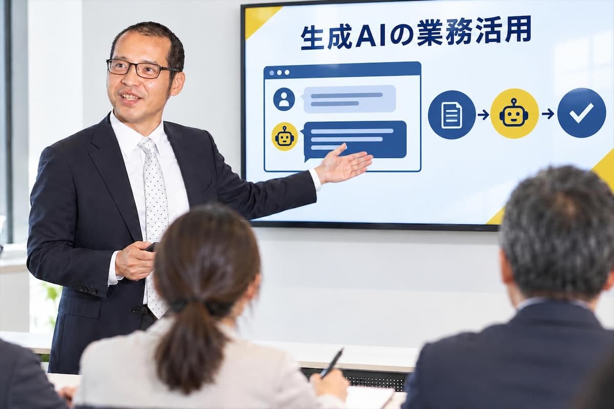 研修で画面の図を指して説明する嶺本高志